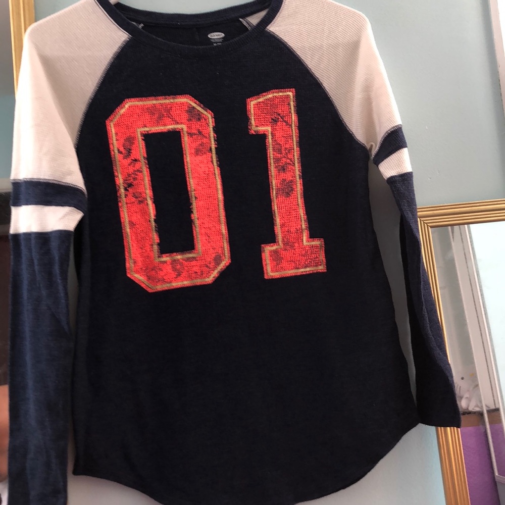 Navy blue and white long sleeve T-shirt